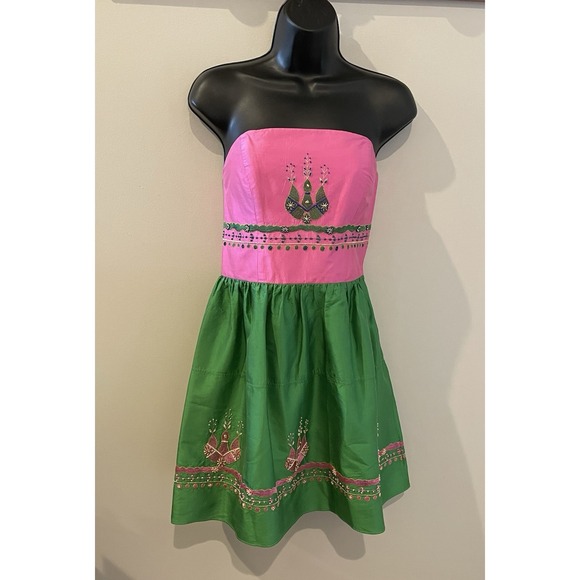 Betsey Johnson Dress‎ Silk Pink & Gree 8 NWOT Strapless Barbie Core - Picture 1 of 8